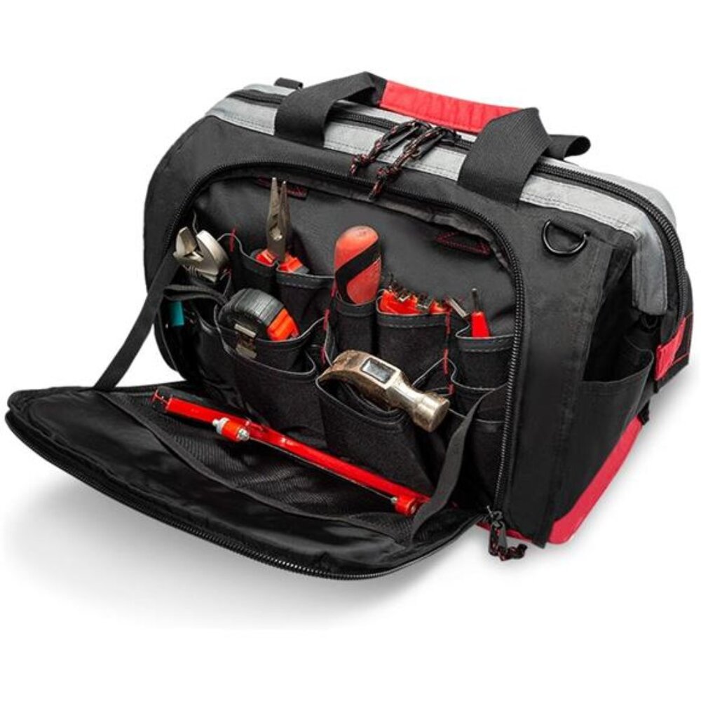 Waterproof Tool Bags for Men or Women, 16-inch Wide Mouth Tool Tote Bag with 25